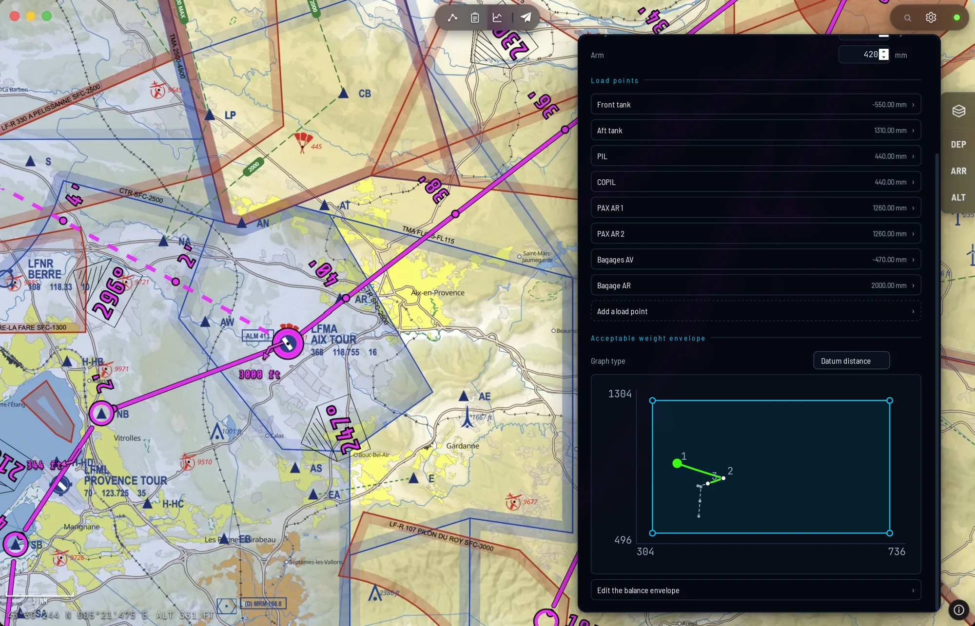 Aircraft sheet: loading stations and centre of gravity envelope with the current CG