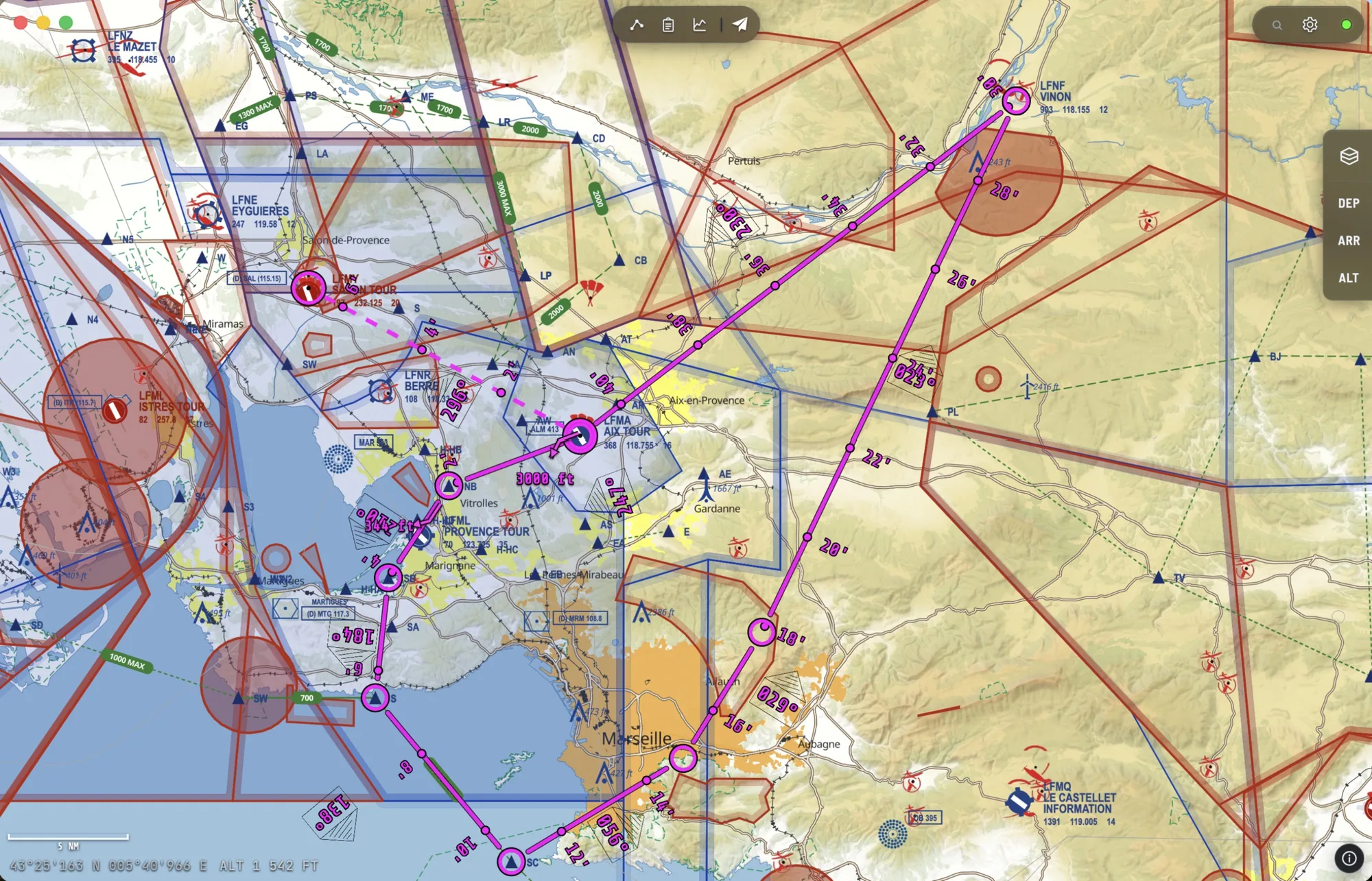 Offline ICAO chart with a planned route: airspaces, aerodromes, magnetic headings and leg times
