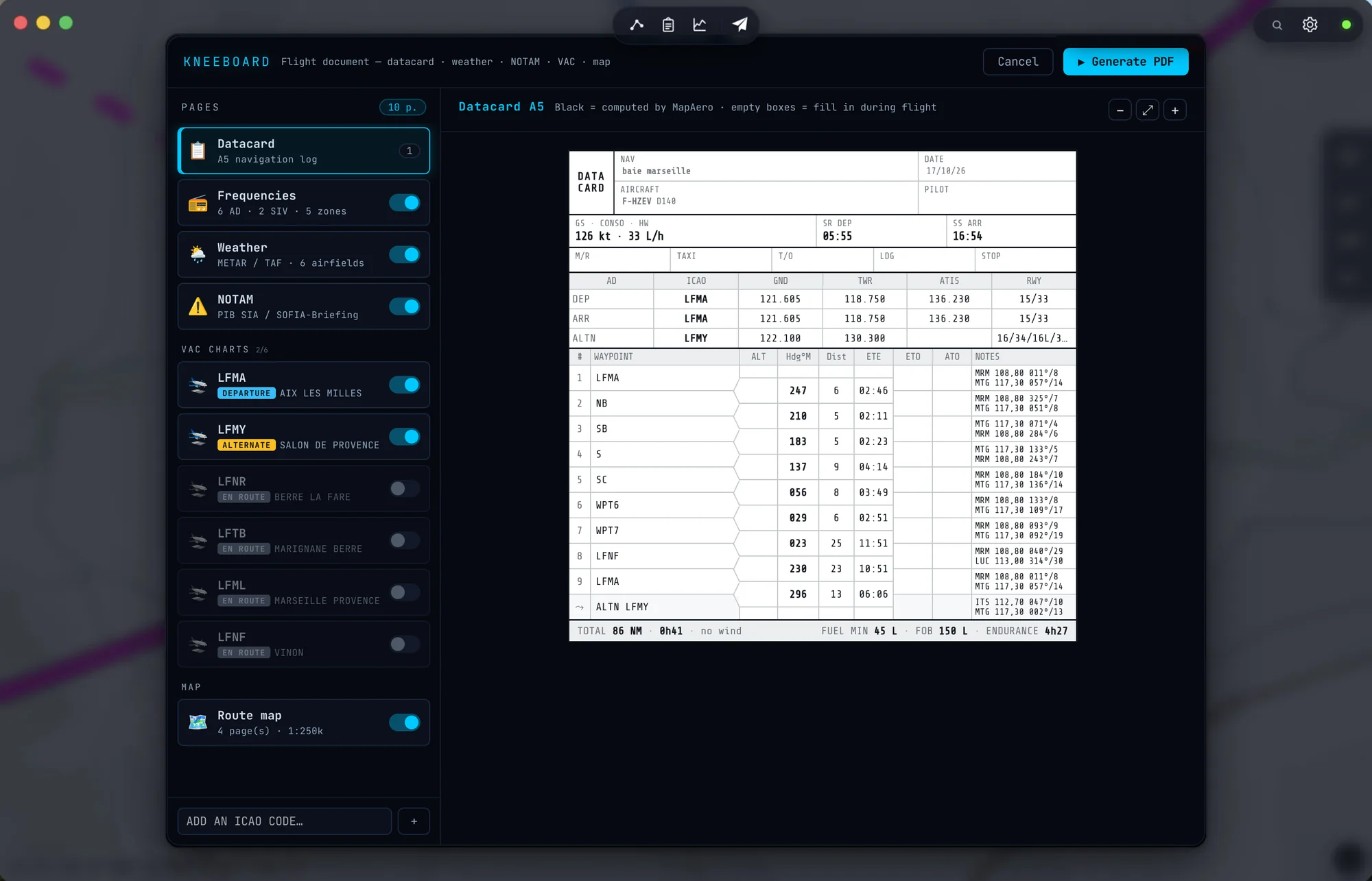 Kneeboard: page selection and A5 datacard with the navigation log