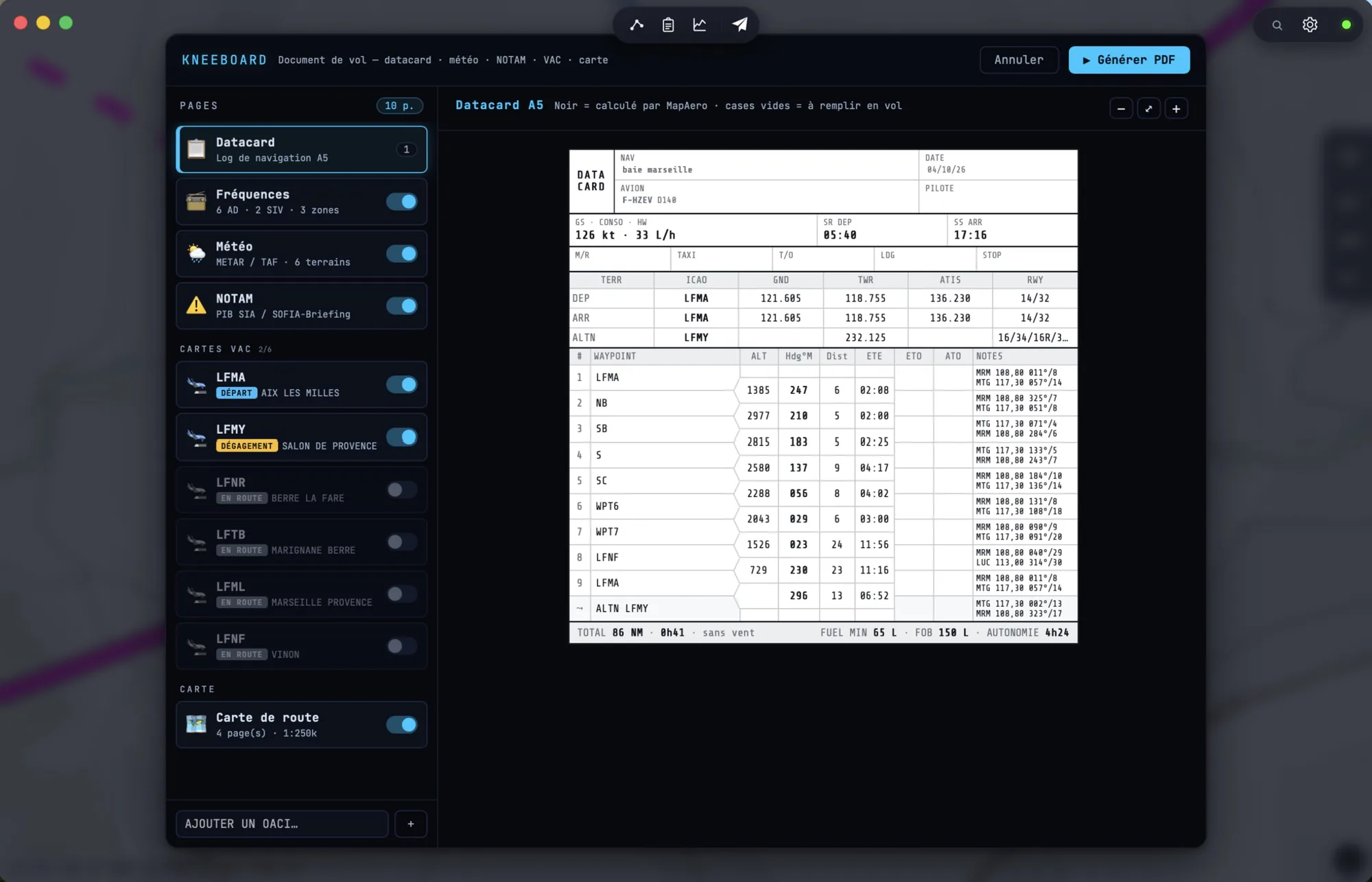 Kneeboard&nbsp;: choix des pages et datacard A5 avec le log de navigation