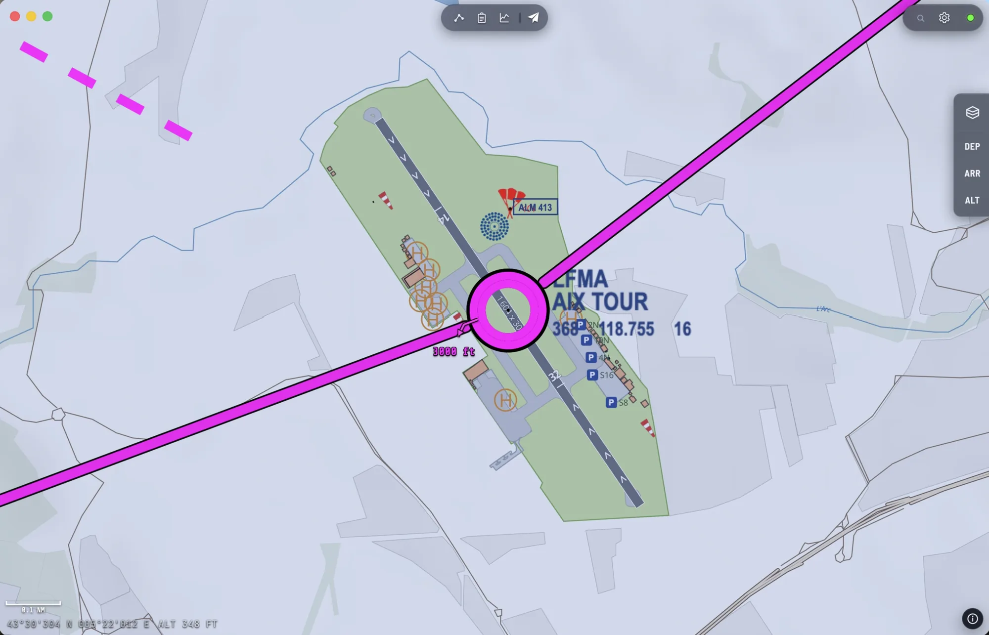 Diagramme de l'aérodrome d'Aix-les-Milles géoréférencé dans la carte, sous la route