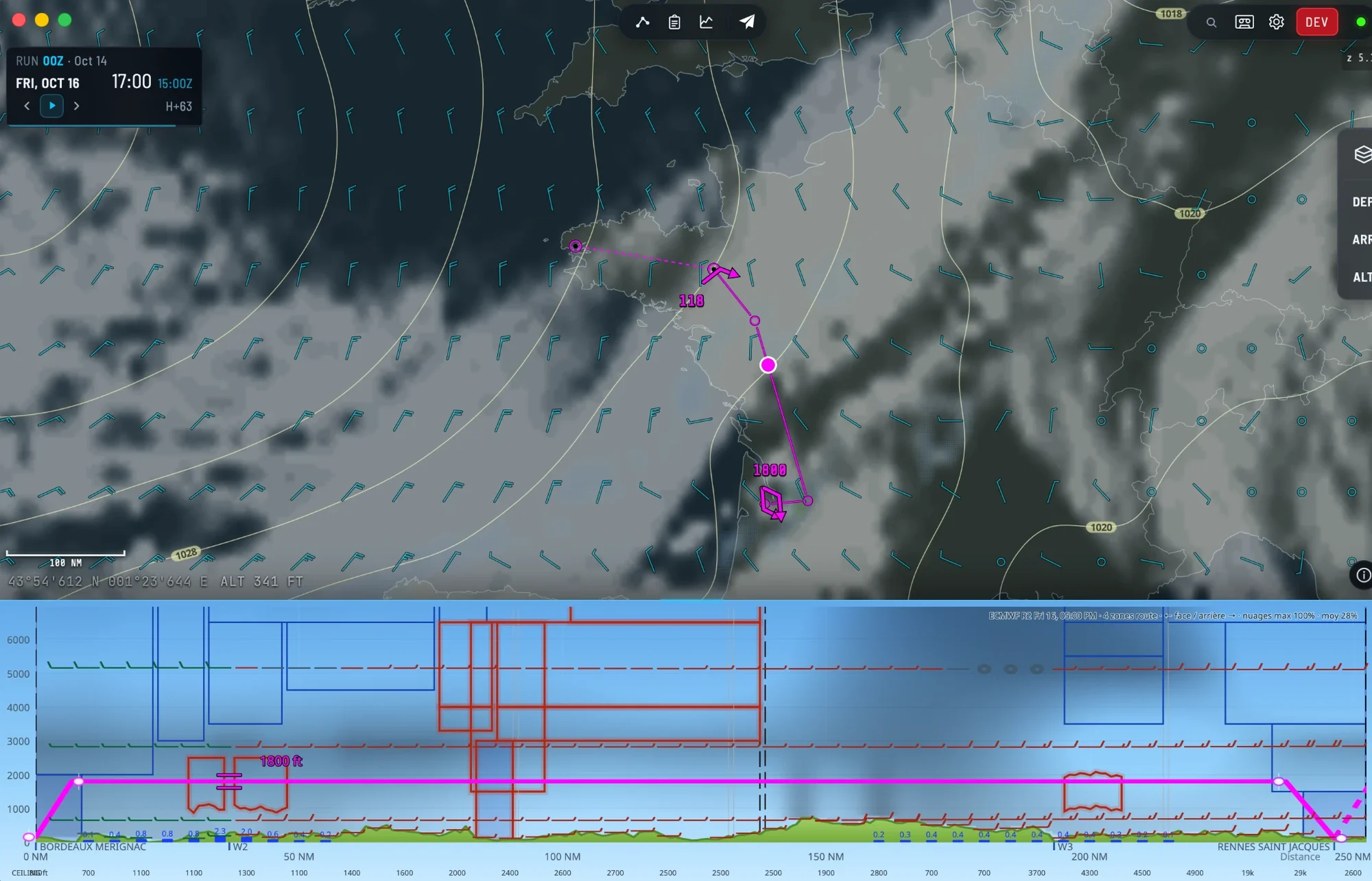 ECMWF clouds, isobars and winds over the chart, forecast timeline, and the weather along the route in the vertical profile